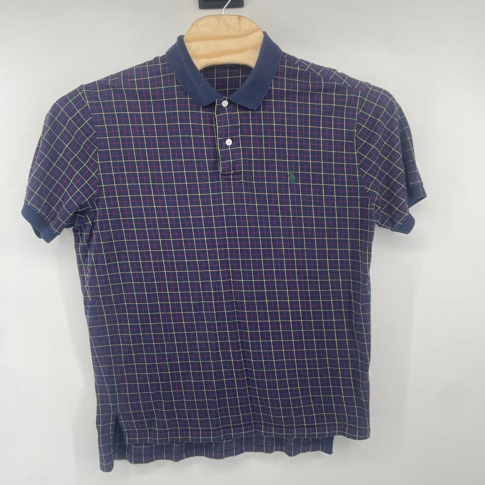 Polo Ralph Lauren VTG Polo Shirt Mens L Blue Plaid‎ Windowpane Check Cotton Logo